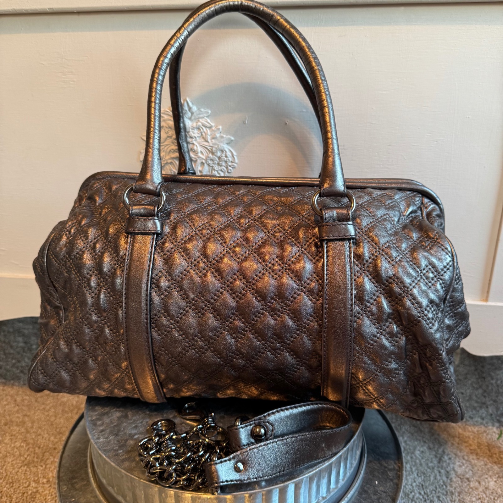 Dolce & Gabbana Bag Susanne Quilted Metallic Gray Leather Satchel Shoulder Bag